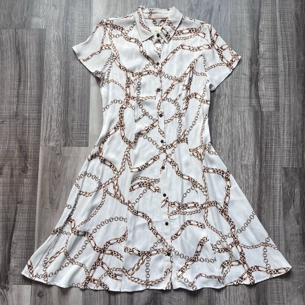 Anthropologie Maeve Short Sleeve Gold Chain Print Dress Size Medium Stretch Midi